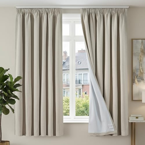 TOPICK 100% Verdunklungsvorhänge Gardinen Hell Leinen 2er Set H220xB140 | Blickdicht Gardinen mit Kräuselband Schlafzimmer Thermovorhang Wohnzimmer Leinenoptik Vorhänge für schienensystem