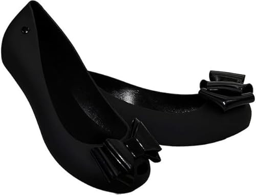 Womens Black Jelly Ballet Flats with Bow – Comfy Slip On Casual Pumps UK 3-8 (Black Close Toe, UK Footwear Size System, Adult, Women, Numeric, Medium, 6)