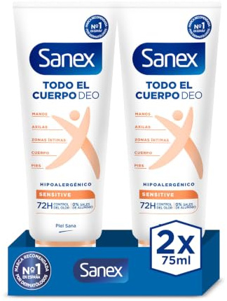 Sanex Crema Todo el Cuerpo Deo Sensitive 75ml, Desodorante para Manos, Pies, Axilas, Cuerpo y Zonas Íntimas, Protección 72H contra olor Clínicamente Probada,Testado Ginecológicamente, Hipoalergénico