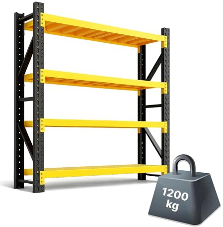ANFIL® Schwerlastregal – 1200 kg Gesamttraglast, 300 kg pro Boden, stabiles Metallregal, 4 Böden, Garagenregal, Kellerregal, Lagerregal, Steckregal, 60 cm Tief (150 x 60 x 200 cm)