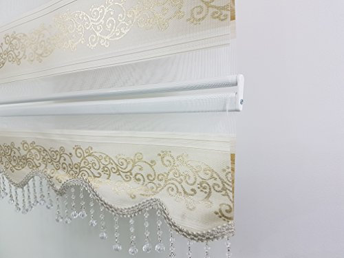 kskeskin Duo Rollo 200 cm x 200 cm Creme goldranken Doppelrollo mit Alukassette mit breiter Beschwerung und Perlen Volant