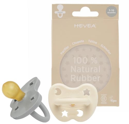 HEVEA Naturkautschuk Schnuller RUND Form, 3-36 Monate - Hygienisches Einteiliges Design für Neugeborene bis Kleinkinder, BPA-frei, Weich & Langlebig - Zweierpack (Milchweiß & Stahlgrau)