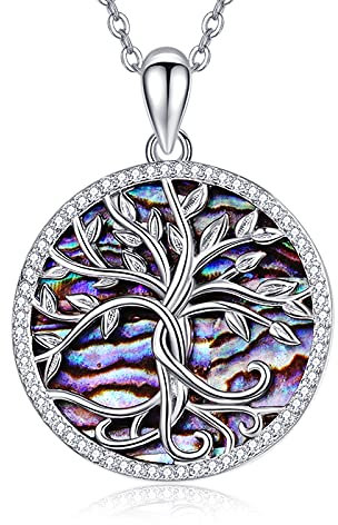 TANGPOET Lebensbaum Kette 925 Sterling Silber Baum des Lebens Anhänger Lila Abalone Halskette Valentinstag Schmuck Geschenk für Damen Mädchen Frauen