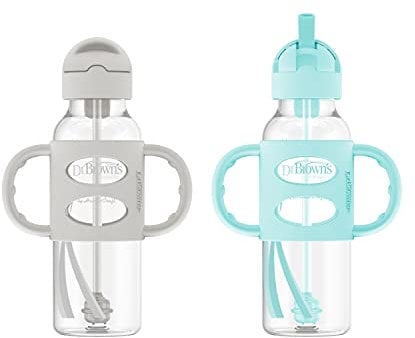 Dr. Brown's Sippy Straw Bottle with Silicone Handles, Gray & Green, 8 Oz (Pack of 2)