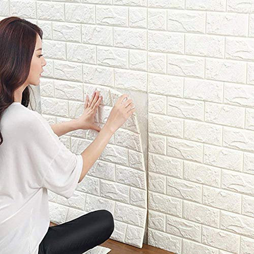 Bibykivn 20 PCS 3D Brick Wallpaper, 13×15’’ DIY Self Adhesive Wall Tiles, Waterproof,Masonry Effect, Home Decoration, 3D Wall Panel,Suitable for Kitchen, Bathroom, Living Room (20PCS 13×15’’, White)