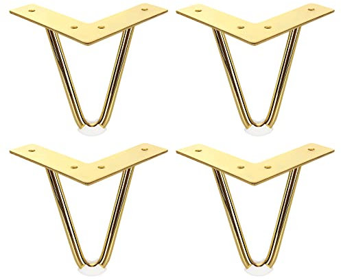 4 inch Hairpin Table Legs, Gold Furniture Legs, Metal Hairpin Legs with Rubber Floor Protector, Gold Legs of 2 Rods for Furniture, Sofa, Cabinet