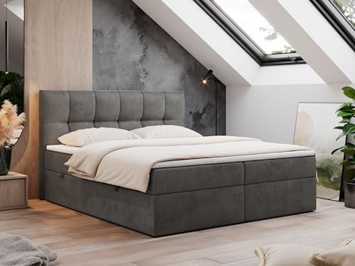 MKS MEBLE Boxspringbett 160x200 mit Bettkasten, Bett mit Multipocket - Matratze H4 Topper, Polsterbett 160x200 mit Bettkasten Kopfteil, Boxspringbett mit Matratze H4, RICO - Dunkelgrau Velvet