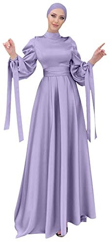OBEEII Muslimisches Gebetskleid für Frauen Abaya Islamisches Maxi Afrikanisches Kaftan Türkei Islam in Voller Länge Puppenärmel Maxikleid Lila + Turban M