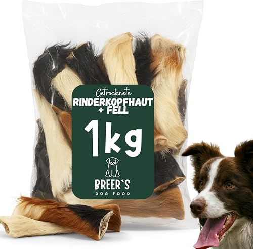 BREERs Getrocknete Rinderkopfhaut mit Fell für Hunde 1 Kg getreidefrei, Deutsche Herstellung, Leckerli Hundekauartikel Kauartikel große Hunde