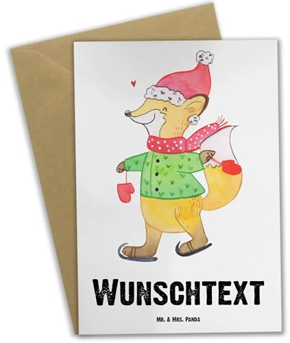 Mr. & Mrs. Panda Personalisierte Grußkarte Fuchs Schlittschuhe - Geschenke, Tannenbaum, Hochzeitskarte, Heiligabend, Karte, Geburtstagskarte, Weihnachten, Weihnachtsbaum, Grußkarten Personalisiert