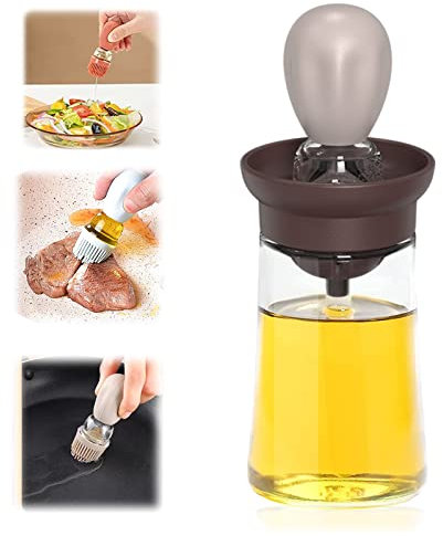 WishesMar Botella de Aceite con Cepillo de Silicona 2 en 1 Dispensador de Aceite de Oliva con Brocha Botella de Aceite de Vidrio con Pincel para Barbacoa, Cocina, Ensalada - Capacidad de 180ml Gris