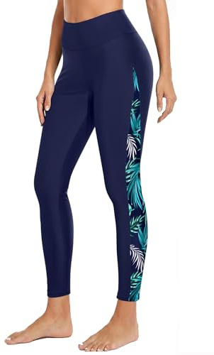 Holipick Damen-Badehose UPF 50+ Schwimm-Leggings Hohe Taille Lange Schwimmhose, Blaue Blätter, Large