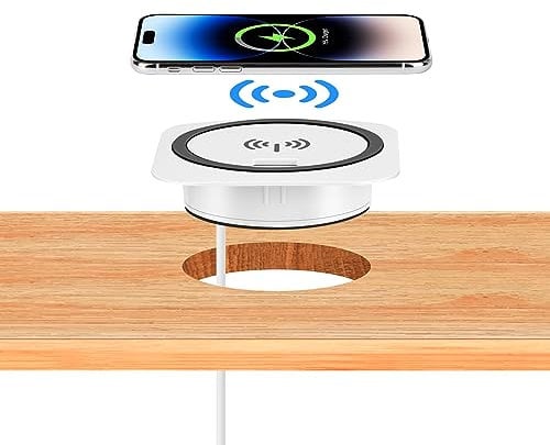 kalb - Chargeur rapide QI encastrable - 15 W - Blanc - 7,5 cm de diamètre - Chargeur USB intelligent sans fil - Port USB - Port USB-C