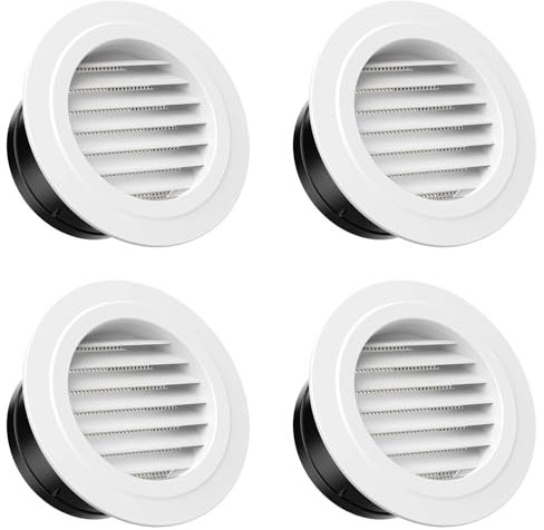 ANBOO Lot de 4 Grille de Ventilation Ronde, Grille D’aération en Plastique avec Moustiquaire, Grille Aeration pour Salle de Bain, Cuisine, Bureau, Blanc 100mm