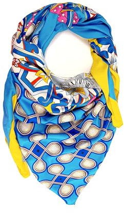 Damen Tuch Schal Blau Gelb mit auffälligem buntes Muster - Halstuch, Kopftücher,Hijab - Perfekt für Frühling Herbst und Winter - viskose 135 * 135 cm.