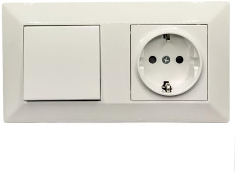 Jandei - Prise Schuko 2P+T 16 A et interrupteur commutateur, 230 V, décoration murale intérieure, facile à installer, avec cadre et mécanisme, polycarbonate blanc