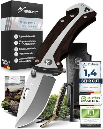 BERGKVIST® K29 Couteau pliant Bois d'Ébène - Couteau de poche pliant 3-en-1 avec brise-vitre et coupe-ceinture - primé par le Bronze A' Design Award - avec pierre à feu & étui