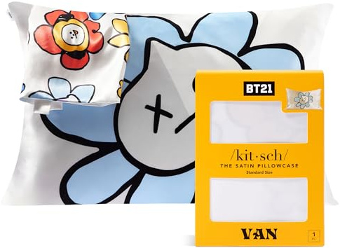 Kitsch x BT21 Satin Pillowcase with Zipper for Hair & Skin, Softer Than Silk Pillow Cases, Queen Pillow Covers, Machine Washable, Wrinkle-Free, Cooling Satin Pillow Cases Standard Size 19x26 (Van)