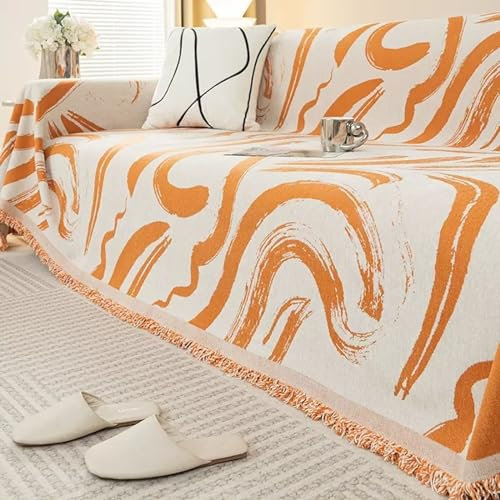 AMDXD Sofaüberwürfe, Unregelmäßiges Muster Muster mit Quaste Sofaüberwurf Zweisitzer, Waschbarer, Kratzfester rutschfest Sofahusse in Chenille Möbelschutz-Sofabezüge - 180x400CM, Orange