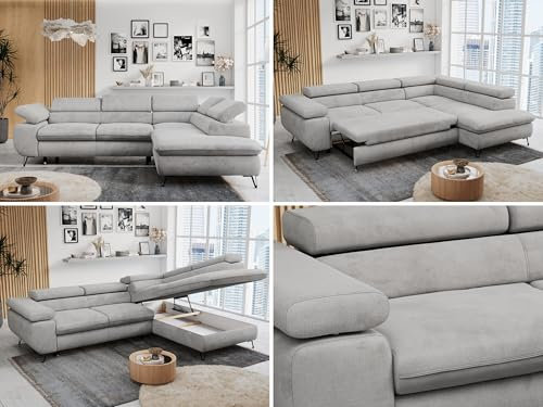 MKS MEBLE Ecksofa Sofa Grau, Wohnlandschaft L-Form mit Schlaffunktion und Bettkasten, Schlafsofa mit Bettkasten, Sofa mit Einstellbare Kopfstützen, Peter L - Hellgrau Velvet - Rechts Grau