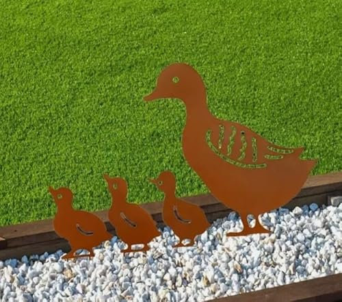 Garden Mile 4pc Duck Garden Ornaments Outdoor Decorative Metal Stakes Outdoor Duck Ornament Silhouette Decorations Bronze Iron Effect Animal Ornament Perfect For Yards, Flower Beds, Planters