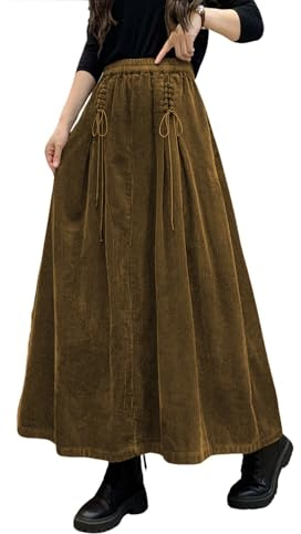 ebossy Damen Cord-Maxirock, elastisch, hohe Taille, Kordelzug vorne, A-Linie, plissiert, langer Rock mit Taschen