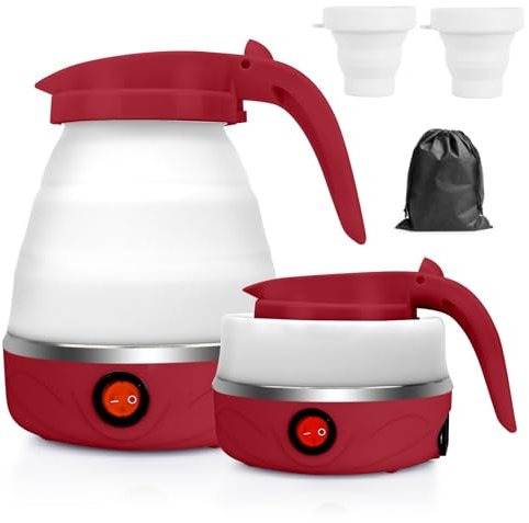 RANJIMA Bouilloire Pliable 0,6 L Mini Bouilloire Électrique en Silicone, Bouilloire Portable de Camping Kettle Mini Bouilloire de Voyage avec 2 Gobelets Pliables pour Camping Voyage L'extérieur, Rouge