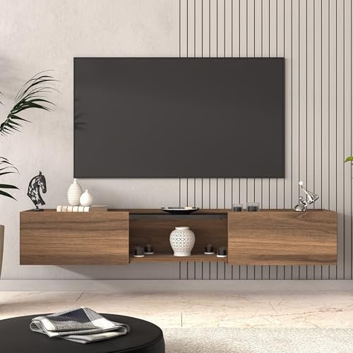 Uniqtrio Floating TV Unit, Wall Mounted TV Cabinet, Floating Shelves with Door, Modern Entertainment Media Console Center Large Storage TV Bench for Living Room & Office (Walnut)