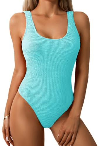 Limeeke Women One Piece Swimsuit Solid Ribbed Monokini Swimwear Scoop Neck Low Back Bathing Suit, Mint Blue, XL