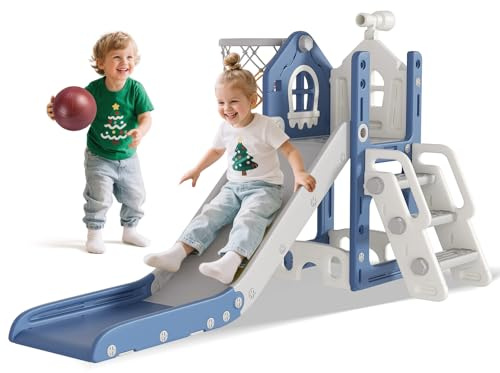 BIERUM 6 in 1 Toddler Slide - L-Shaped Baby Slide for Toddlers Aged 1-3 with Basketball Hoop, Telescope Toy and Anti-Slip Pads, Indoor Outdoor Toddler Playset, Blue Gray
