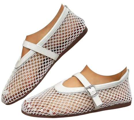 Mesh Ballet Flats for Women - Fishnet Mary Jane Shoes Casual Ballerina Flats Ladies Summer Flat Shoes Wide Width Casual Summer Daily Dress Flat Mary Janes