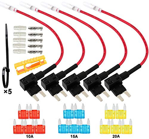 QitinDasen Lot de 5 porte-fusibles de qualité supérieure 12 V/24 V - Petit circuit supplémentaire - Porte-fusible de voiture - Adaptateur de fusible plat avec 15 mini fusibles à lame
