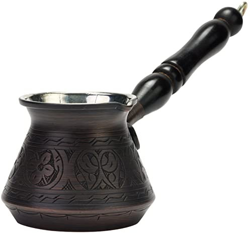 DEMMEX 2 mm dickstes Kupfer, türkisch, griechisch, arabisch, Kaffeekanne, graviert, Herd, Kaffeemaschine, Cezve Ibrik Briki mit Holzgriff und Löffel, für 3 Personen (antikes Kupfer)