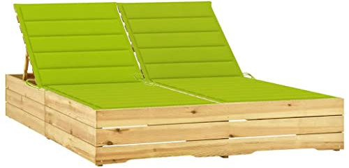 Doppel-Sonnenliege,Holz Sonnenliege,Liegestuhl,Relaxliege,Verstellbare Rückenlehne,für Draußen,Terrassen,Veranden,Hinterhöfe,Balkone,mit Hellgrünen Auflagen Kiefer Imprägniert(Leicht Zusammenzubauen)