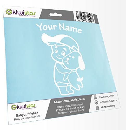 Kiwistar - Babyaufkleber - Weiß - Junge Hund Cappy Sticker - mit Wunschtext individuell personalisiert 15cm - für Auto, Motorrad, Tuning - Baby on Board Aufkleber selbst gestalten - selbstklebend