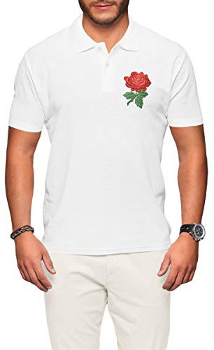 England Rose Polo Shirt for Men Embroidered England Rugby Supporters Rose (White, Medium)
