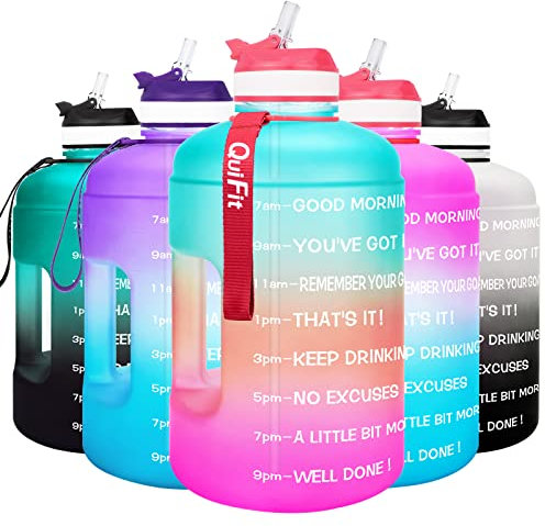 QuiFit 3.78 Litre Motivational Water Bottle - with Straw & Time Marker,Wide Mouth,BPA Free,Reusable,Ideal for Gym,Outdoor Sport,Home & Office (Green/Pink Gradient, 3.78 Liter)