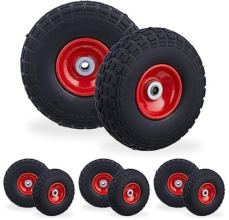 Relaxdays 4 Stück Schubkarrenreifen Pannensicher Vollgummi 4.1/8.9-10.2 cm 16mm Achse Ersatzrad Schwarz/Rot