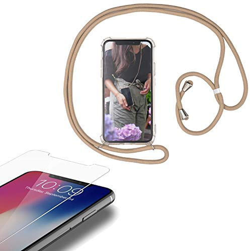 Eximmobile - Handykette kompatibel mit Huawei P20 in Beige + Panzerfolie Schutzhülle Handy Hülle Band Seil Schnur Case Umhängen Handytasche Umhängehülle Kette Kordel Silikoncase