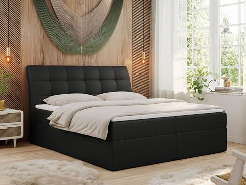 MKS MEBLE Boxspringbett 120x200 Schwarz Kunstleder, Bett mit Multipocket Matratze H3 und Topper, Polsterbett 120x200 mit Bettkasten und Kopfteil, DIEGOS Schwarz Kunstleder