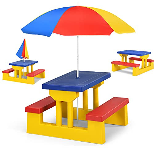 RELAX4LIFE Sitzgruppe Kinder, Sitzgarnitur Outdoor, Kindermöbel mit Sonnenschirm, Kindertisch Inkl. 2 Bänke, Picknickbank PP Wetterfest, Einfacher Auf- und Abbau, für bis 4 Kinder (Gelb)