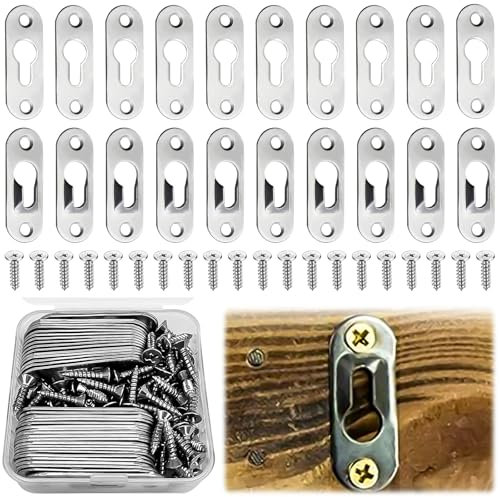 XTUDOU 40 Stück Schlüsselloch Aufhänger, 43x16mm Linsenkopfbeschlag Metall Verdeckte Halterung mit 80 Bildaufhänger mit Hängenden Löchern, für Bilderrahmen/ Spiegel Schrank/ Nietbeschläge