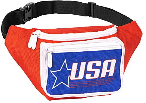 Gürteltasche – Crossbody-Hüfttasche für Damen oder Herren – freihändig, wasserdicht, große Bauchtasche zum Wandern, Laufen und Reisen, USA Retro - Rot, Weiß, Blau, One_Size