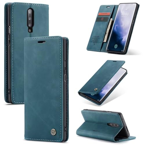 SLWYF Cover Compatible con OnePlus 7 Pro, Retro Flip Caso in PU Pelle Premium Portafoglio Custodia Resistente Protezione Chiusura Magnetica Case per OnePlus 7 Pro - Blu verde