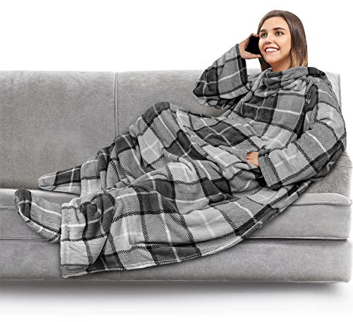 PAVILIA Fleece Blanket with Sleeves, Foot Pockets for Women Men Adults, Plush Wearable Blanket Throw Wrap, Warm Snuggle Blanket Robe, Cozy Gift Ideas Wife Mom, Plaid Dark Gray