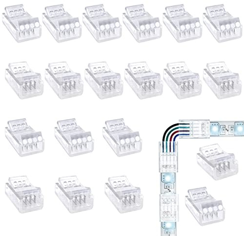 20 Stück LED Strip Connector 4 polig 10mm, 2 Typen, LED lötfrei Streifenverbinder,4Pin Verbindungskabel Verbinder, Für 10mm 4 Polig RGB 5050 LED Strip 5V 12V 24V(transparent)