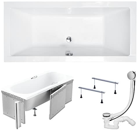KOLMAN Badewanne QUADRO Rechteck 180x80 mit Styroporverkleidung, Ablaufgarnitur und Füßen Komplettset 4in1 Premium Original Acryl Wanne Siphon