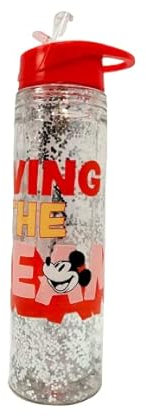 Divas World Mickey Mouse Bouteille d'eau remplie de paillettes avec paille pour boire le sport, la gym, les voyages, réutilisable, 550 ml, anti-fuite, légère, cadeau pour la course à pied, le cyclisme