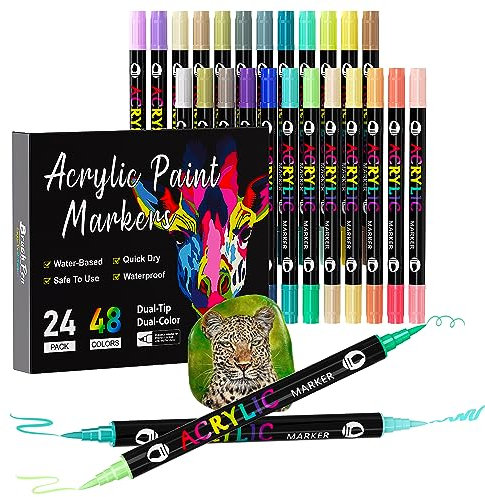Sonlaryin Acrylstifte für Steine Wasserfest, 48 Farben 24 Stück Doppelspitzen Stifte Steine Bemalen Wasserfest, Acrylstifte für Glas, Stifte für Holz Bemalen für Papier, Keramik, Leinwand, DIY