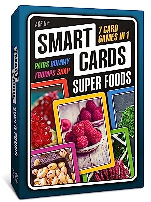 SMART CARDS Super Foods, 7 games in 1, Pairs, Snap, Trumps, Rummy, Memory Quiz, Learn Facts, Travel Game, Gift, Stocking Filler, Age 5+, 1-8 Players